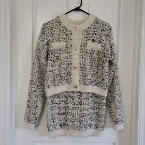 Elegant Cream and Black Bouclé Cardigan Sweater